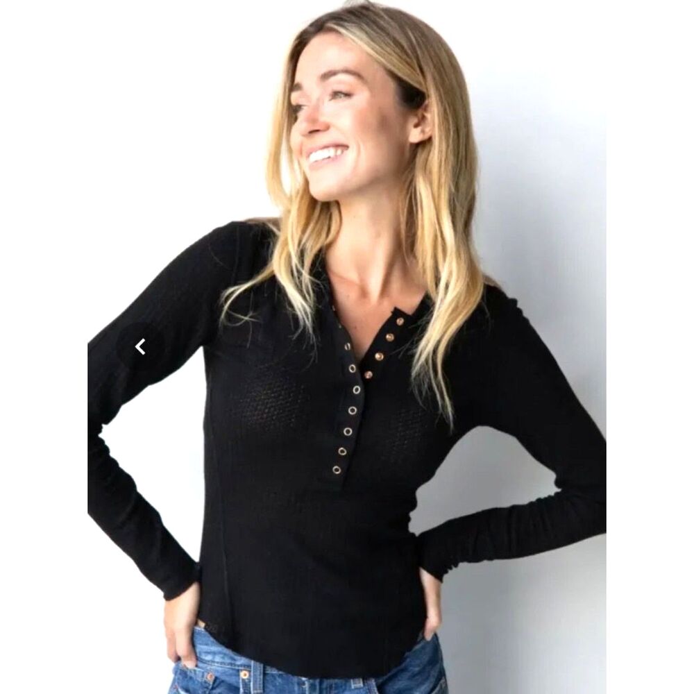 NATURAL LIFE Reagan Thermal Henley Black Layering Lounging Essential Medium